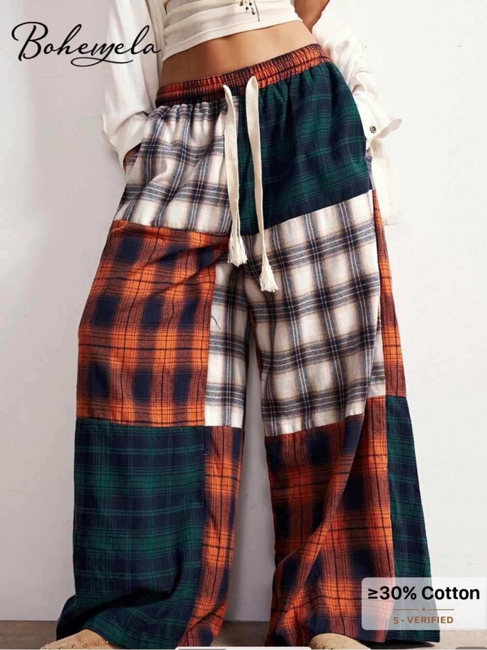 NWT Bohemela Multi-Panel Plaid Wide-Leg Joggers - Orange & Green, Size XL